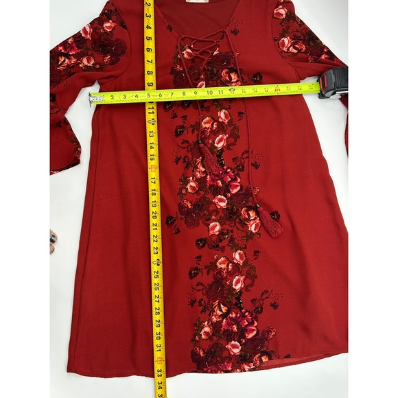 Altar'd State Floral Boho Mini Dress Lace Up Bell Sleeve Romantic M - Picture 6 of 6